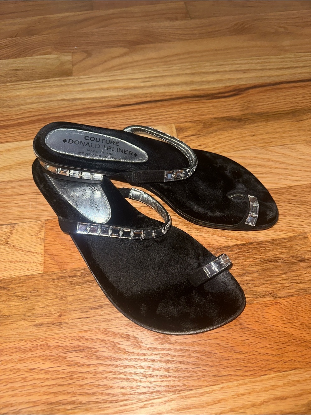 Donald J. Pliner Black Satin Jeweled Strap Toe-Loop Sandals